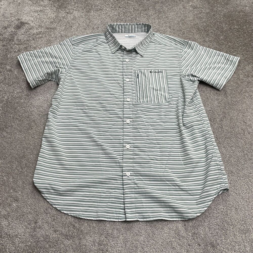 Columbia Omni Shade Twisted Creek III Shirt Mens Large White Gray Striped Fish